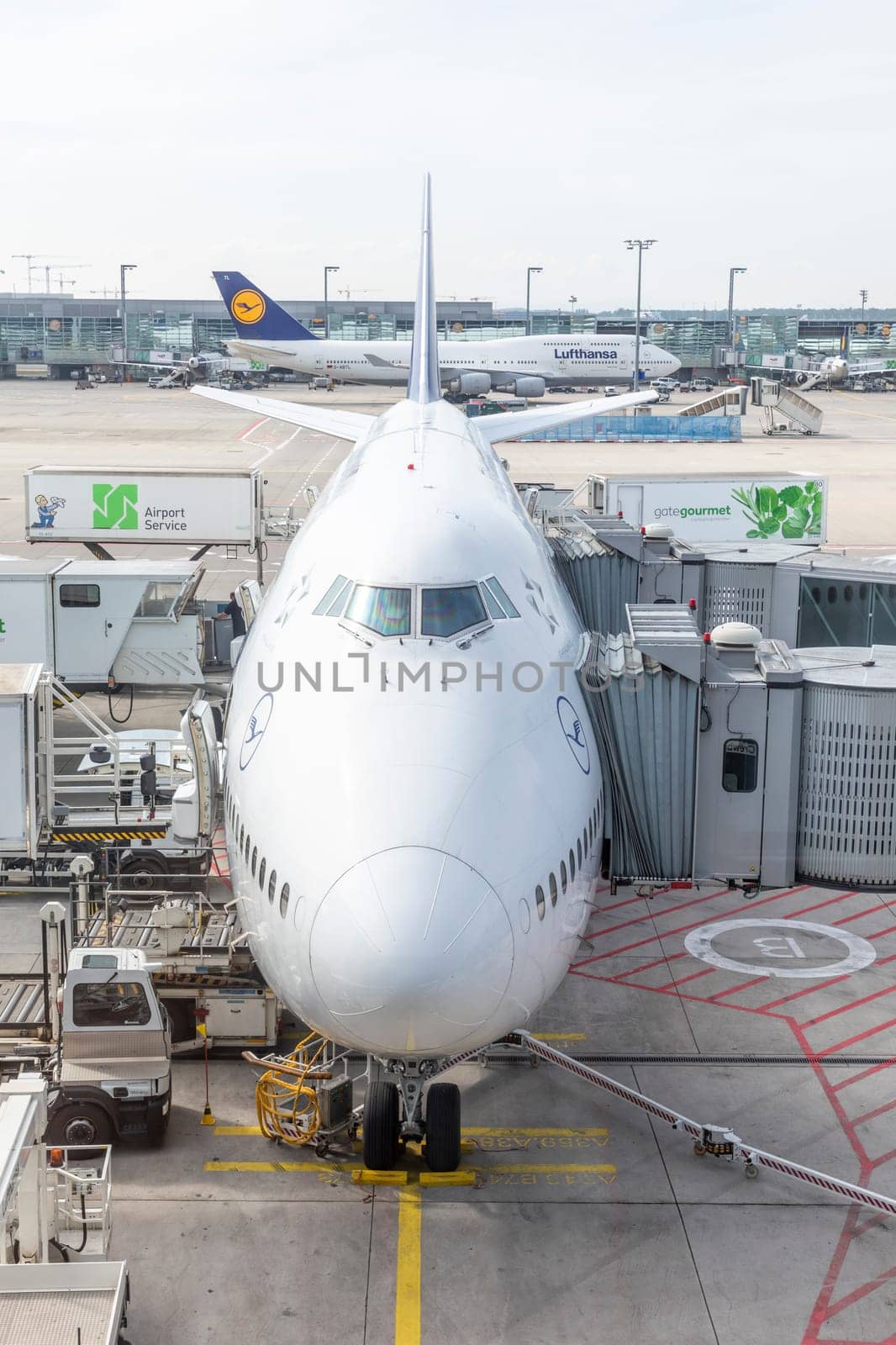 Frankfurt, Germany - May 17, 2022: lufthansa aircraft at the gate in Frankfurt.