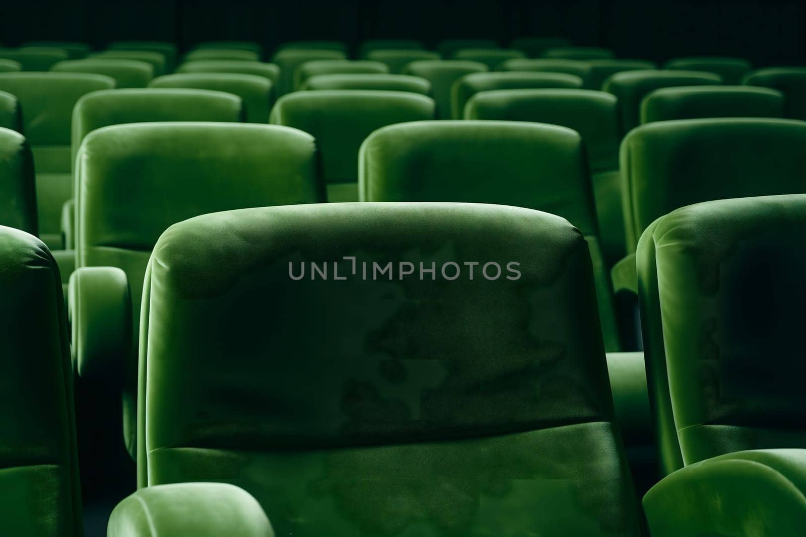 Empty green seats in cinema, domestic intimacy, zoom in, up close. Neural network generated in January 2024. Not based on any actual scene or pattern.