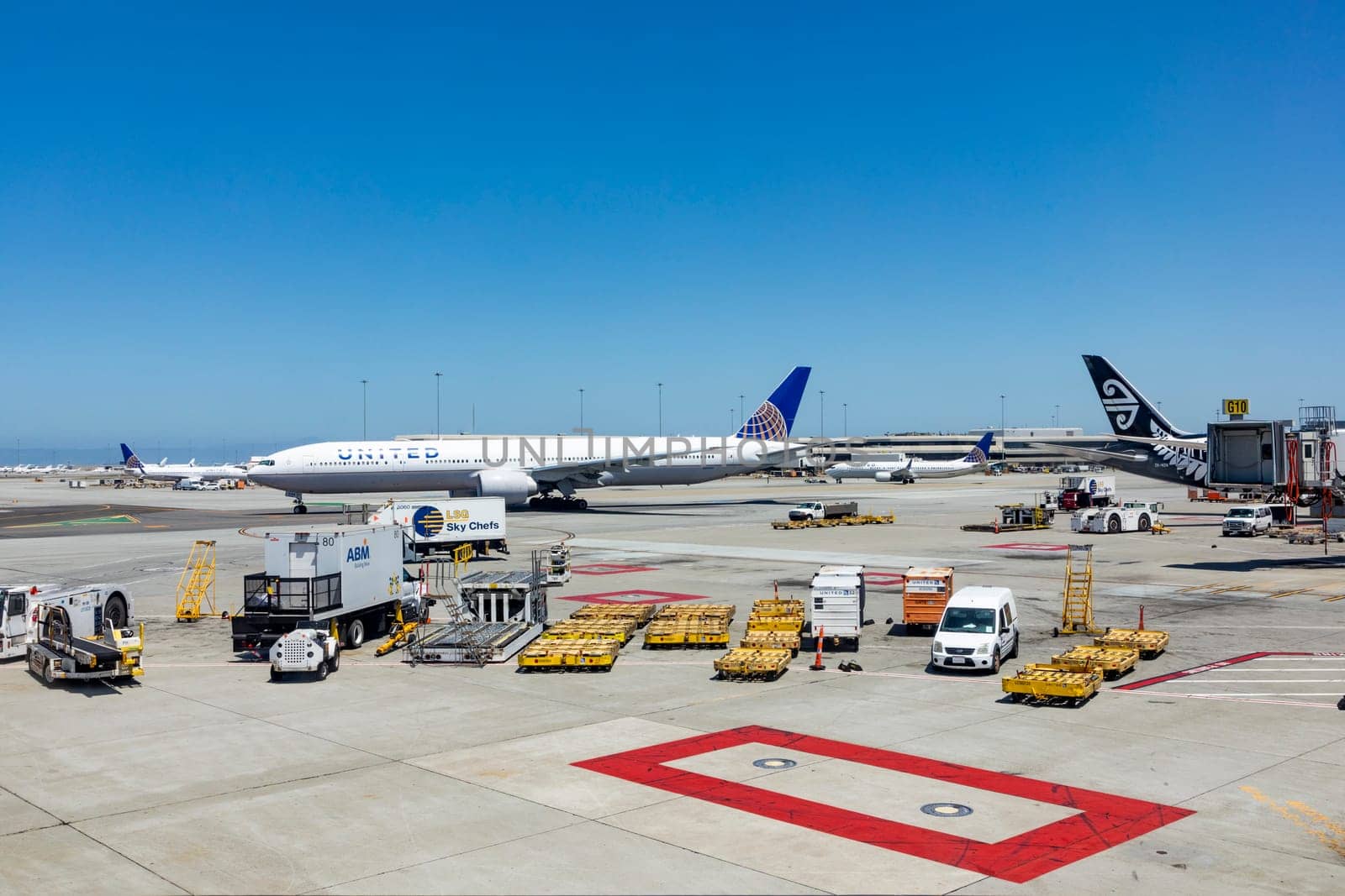 San Francisco, USA - May 17, 2022:  united aircraft at the gate at San Francisco airport. San Francisco is home base for united.