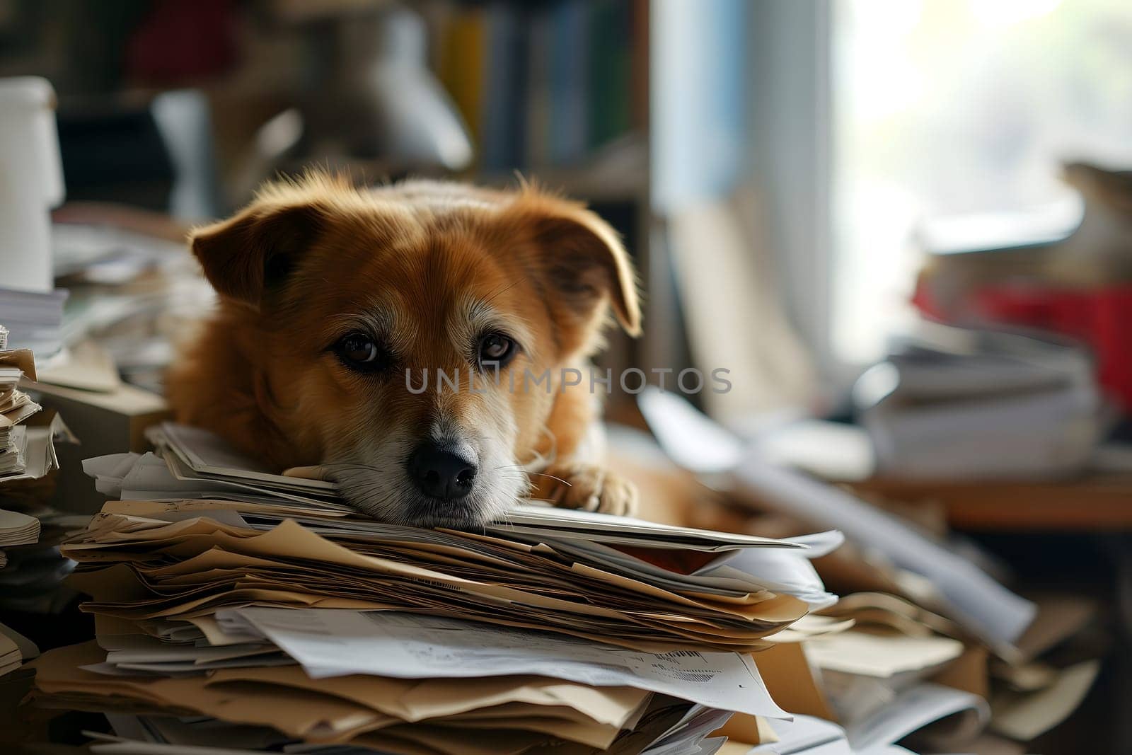 dog in an office, overwhelmed by a mountains of paperwork. Neural network generated in January 2024. Not based on any actual scene or pattern.