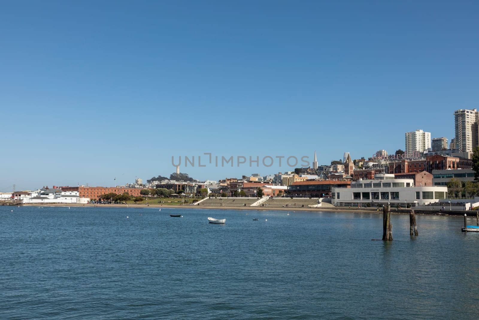 San Francisco, USA - May 18, 2022: panoramic view to beach and promenade in San Francisco with modern buildings and old traditional houses, USA