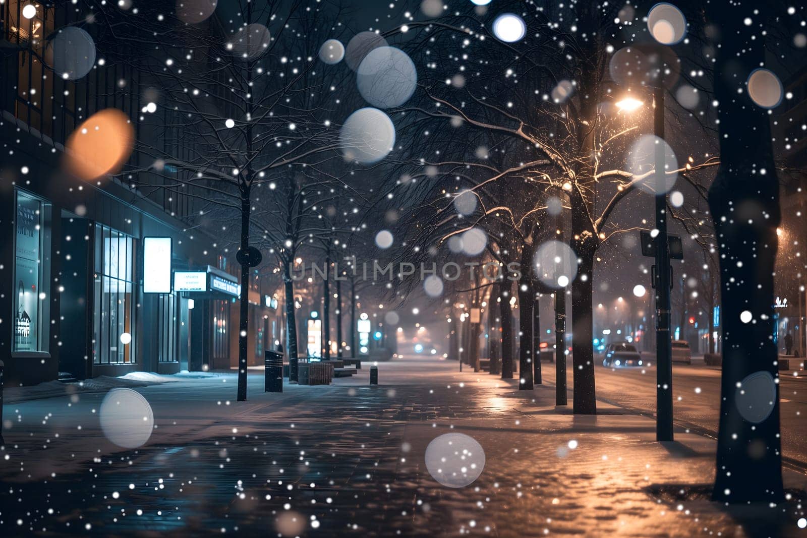 Generic snowfall at the city street closeup background with selective focus. Neural network generated in January 2024. Not based on any actual scene or pattern.