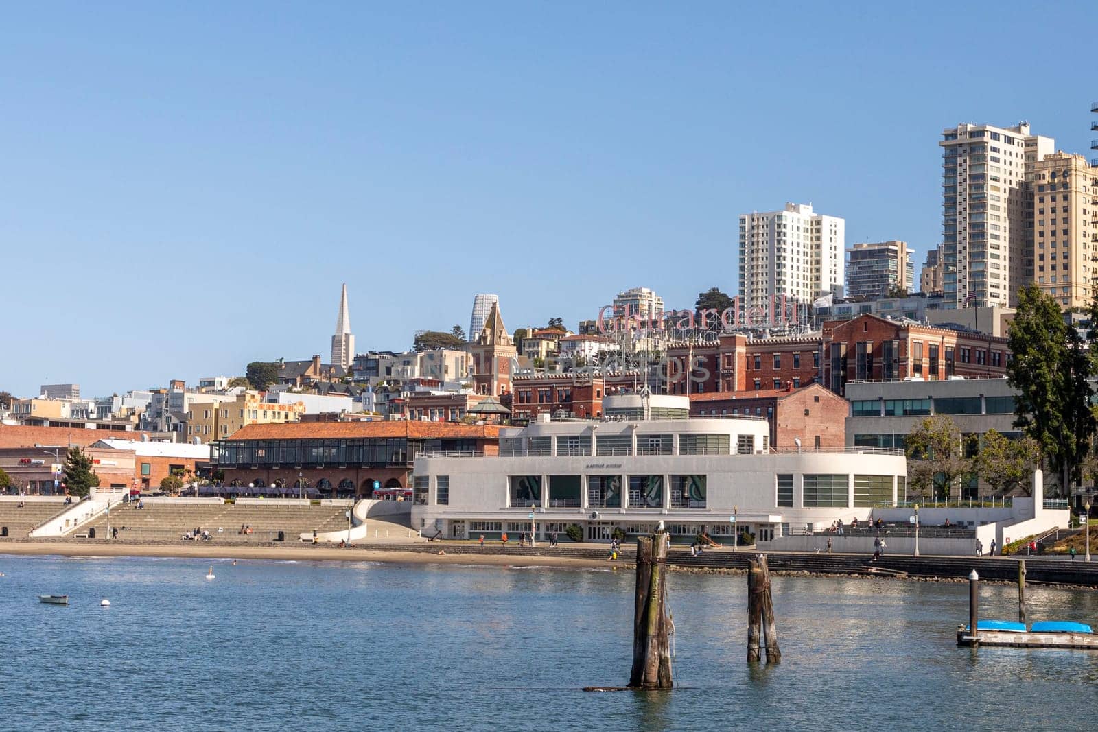 San Francisco, USA - May 18, 2022: view to famous white modern Maritime Museum at the bay of San Francisco in early morning light.