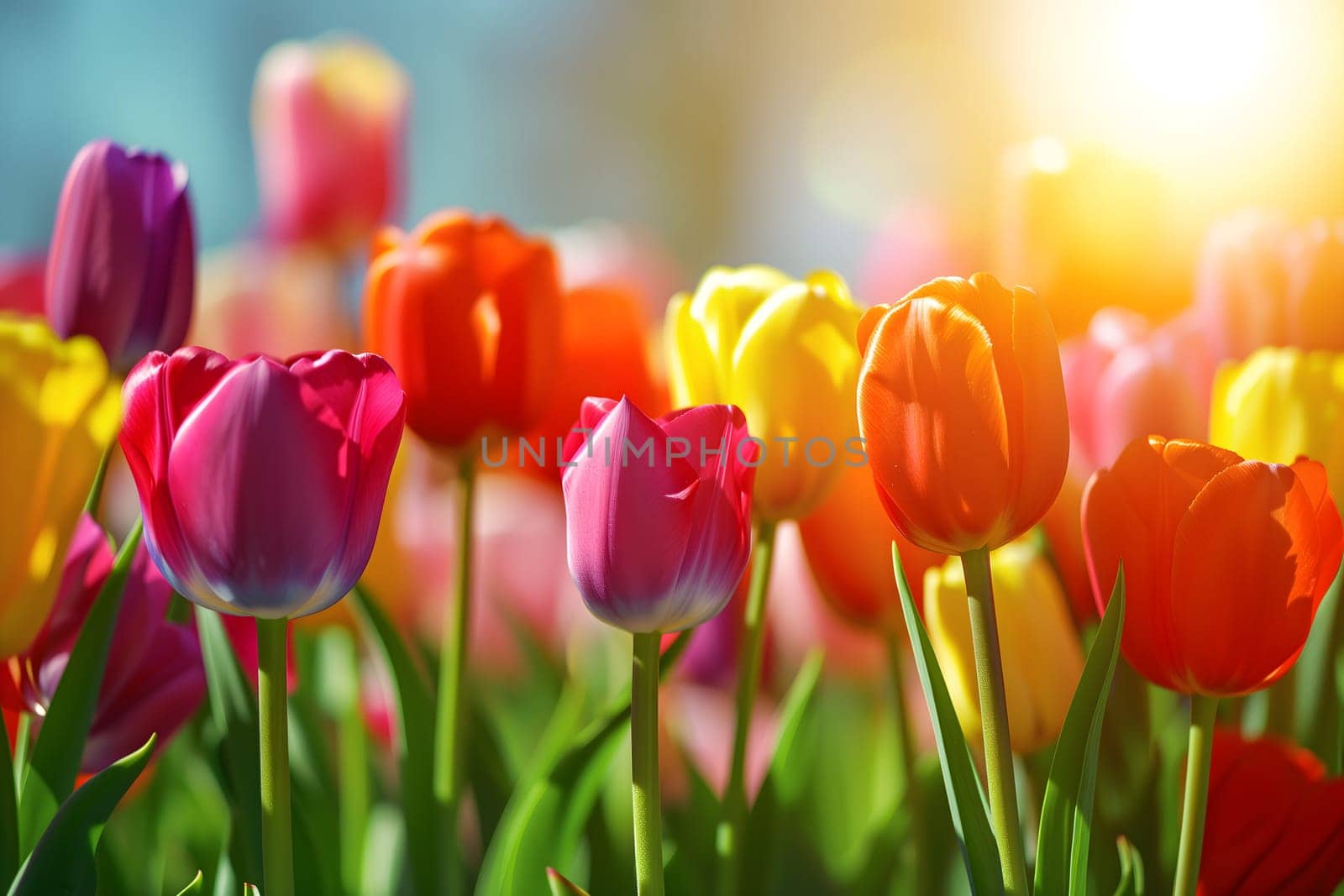 Beautiful Spring Nature background with tulip Flowers, selective focus. Vivid colors. Neural network generated in January 2024. Not based on any actual scene or pattern.