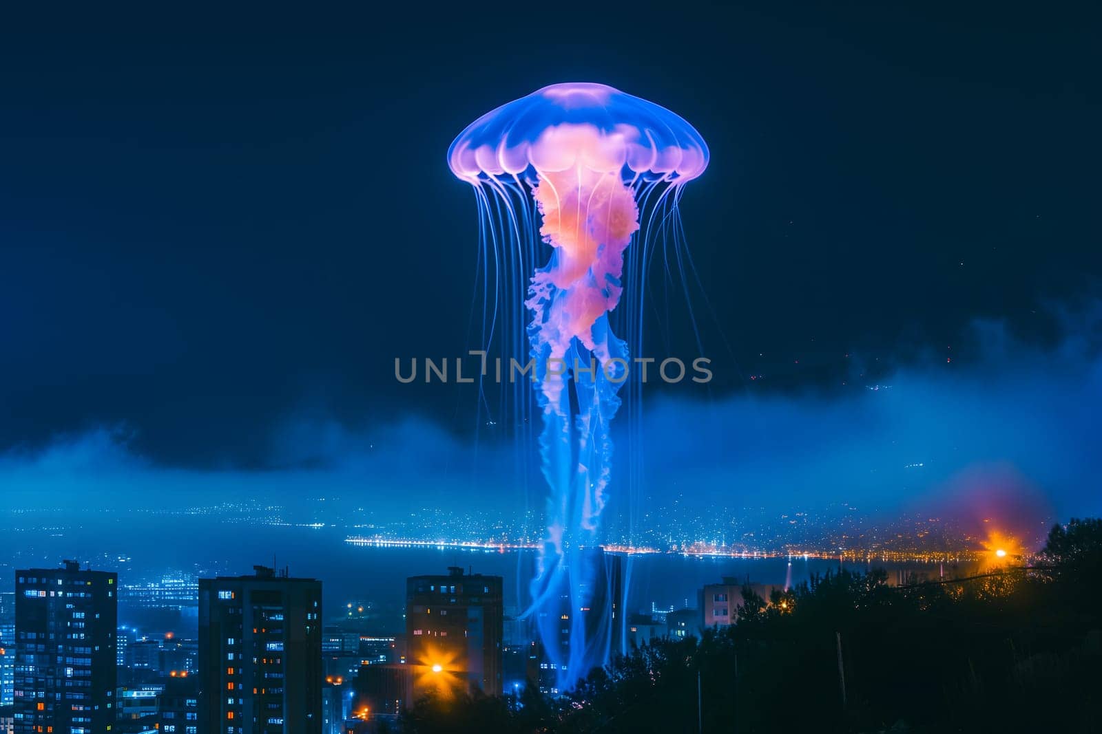 Glowing blue jellyfish UFO over night city. Neural network generated image. Not based on any actual scene or pattern.