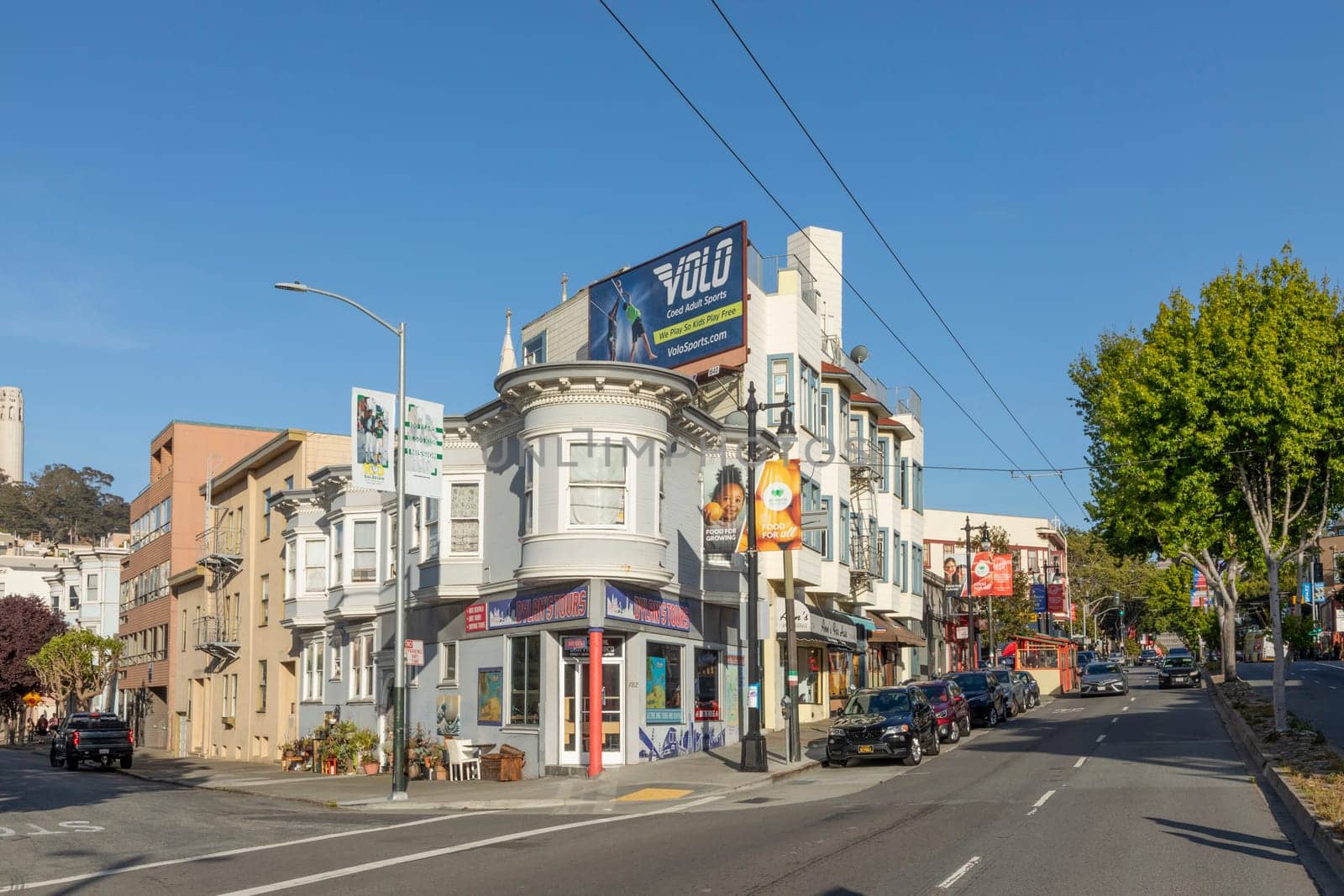 San Francisco, USA - May 18, 2022:  old houses in downtown San Francisco in bright light.