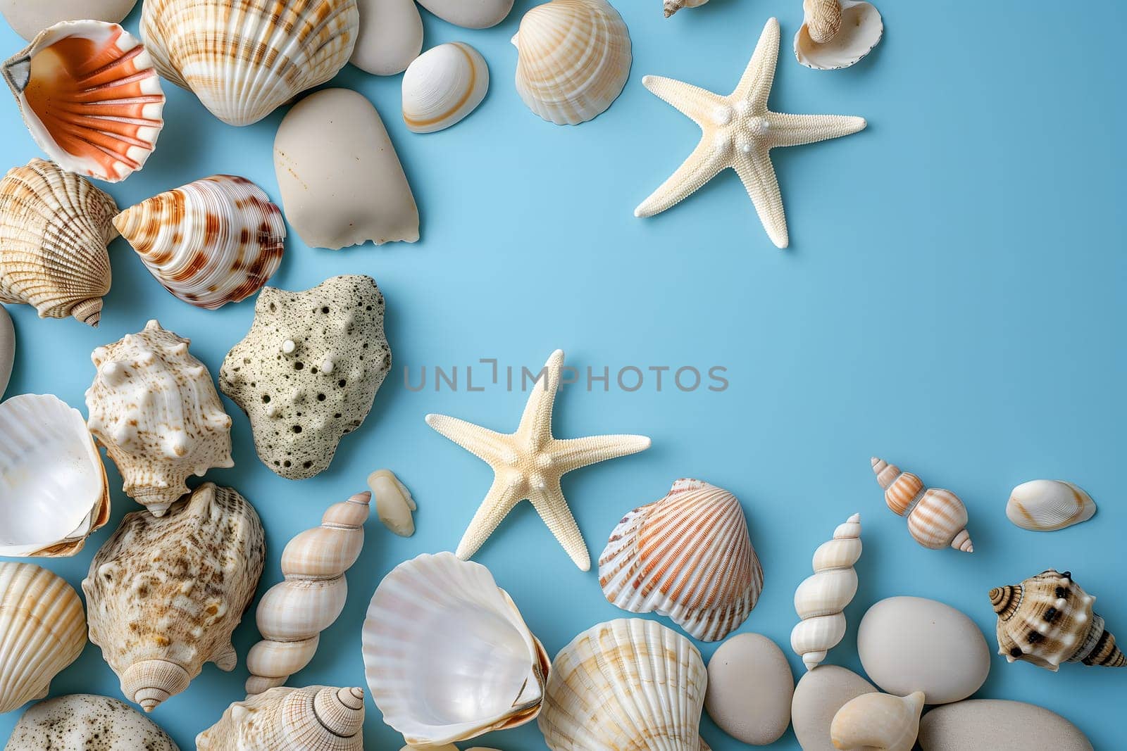 Seashells, pebbles, mockup on blue background. Blank, top view, still life, flat lay. Sea vacation travel concept tourism and resorts. Summer holidays. Neural network generated in January 2024. Not based on any actual scene or pattern.