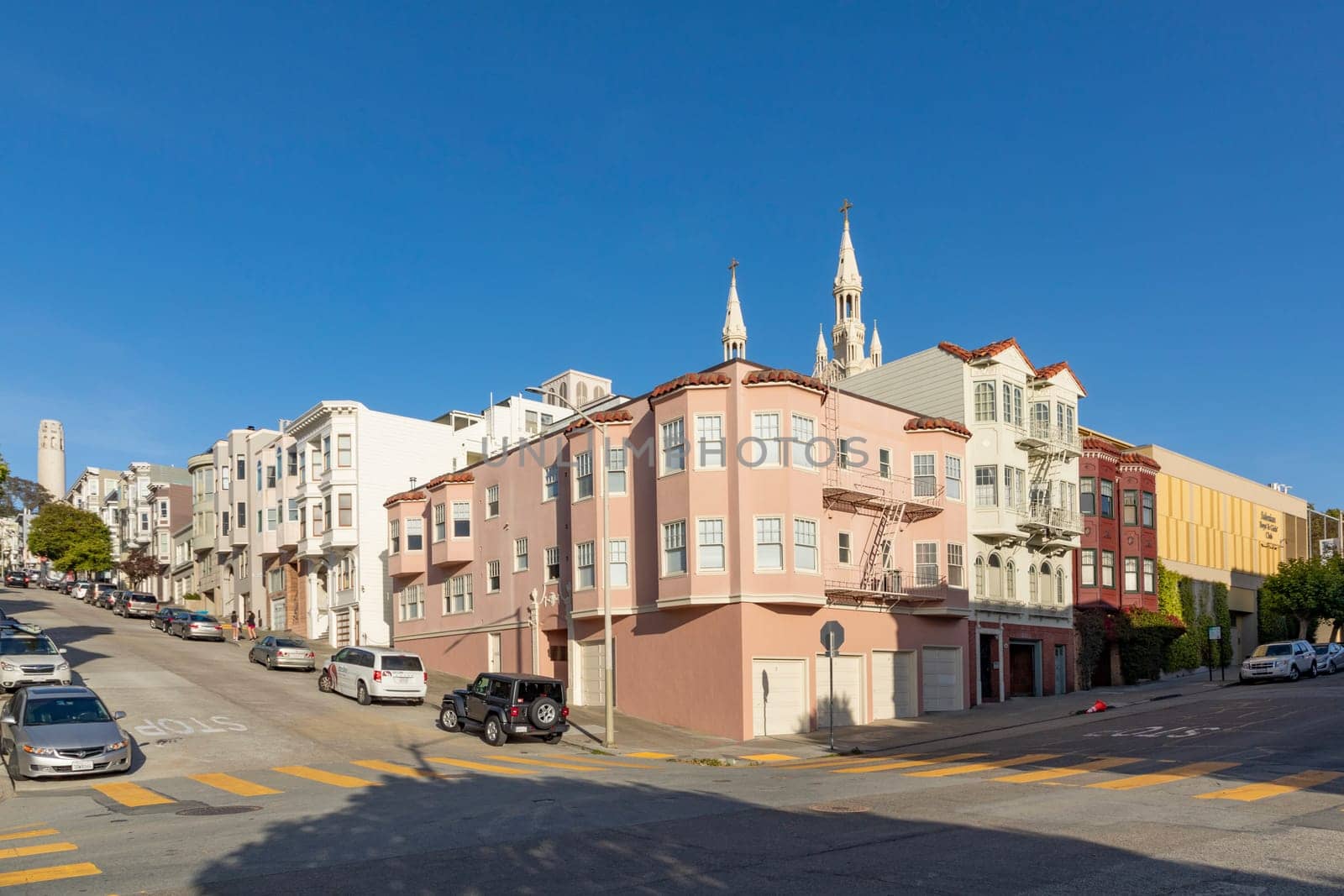 San Francisco, USA - May 18, 2022:  old houses in downtown San Francisco in bright light.
