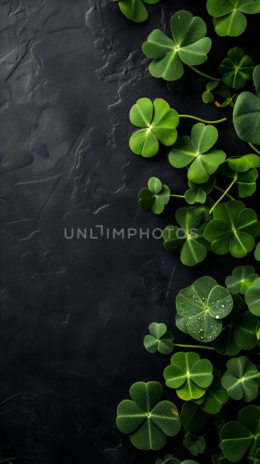 Clover with black background for St. Patricks day. Neural network generated image. Not based on any actual scene or pattern.