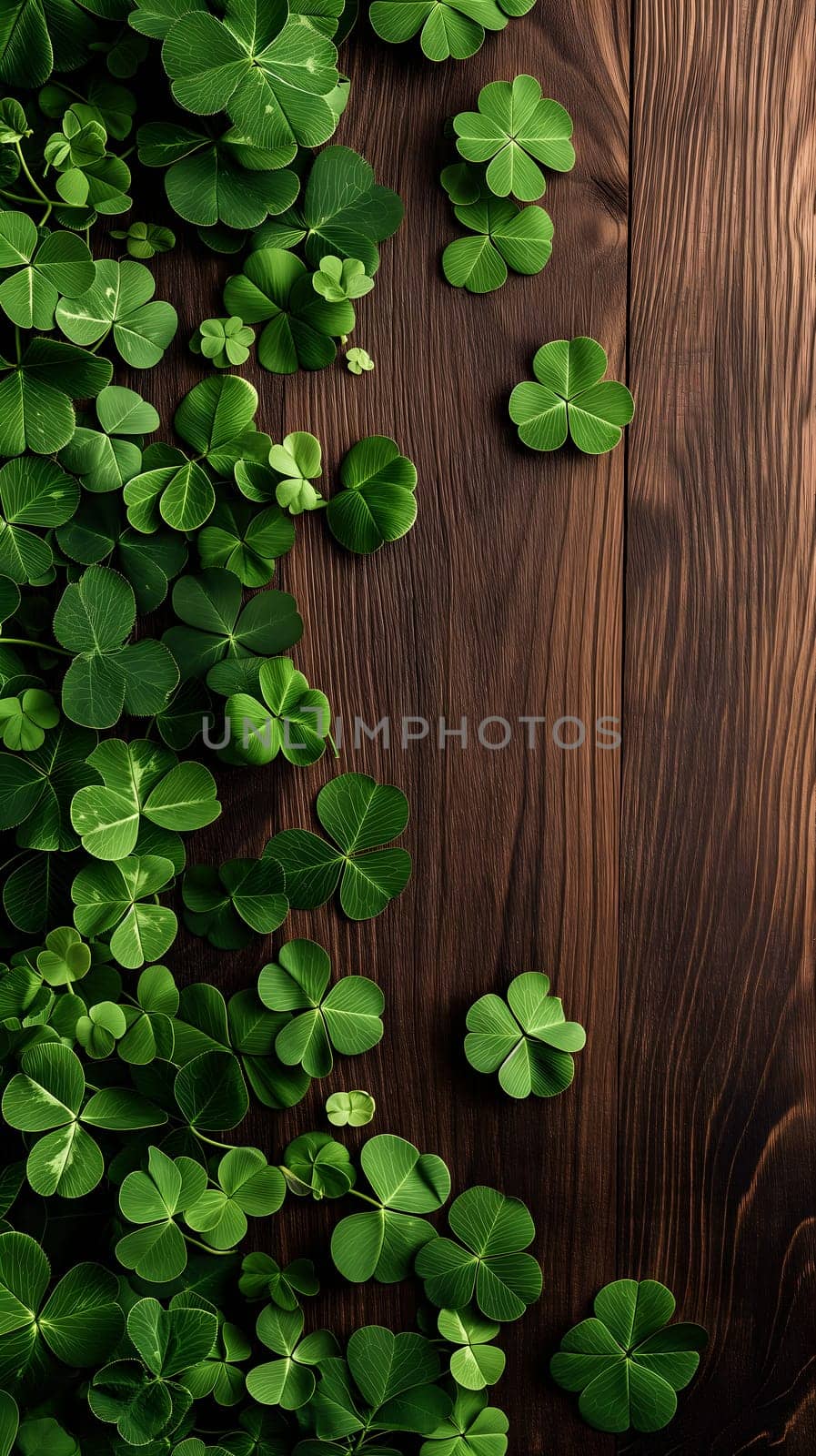 brown wooden planks board with clover - background for St. Patricks day. Neural network generated image. Not based on any actual scene or pattern.