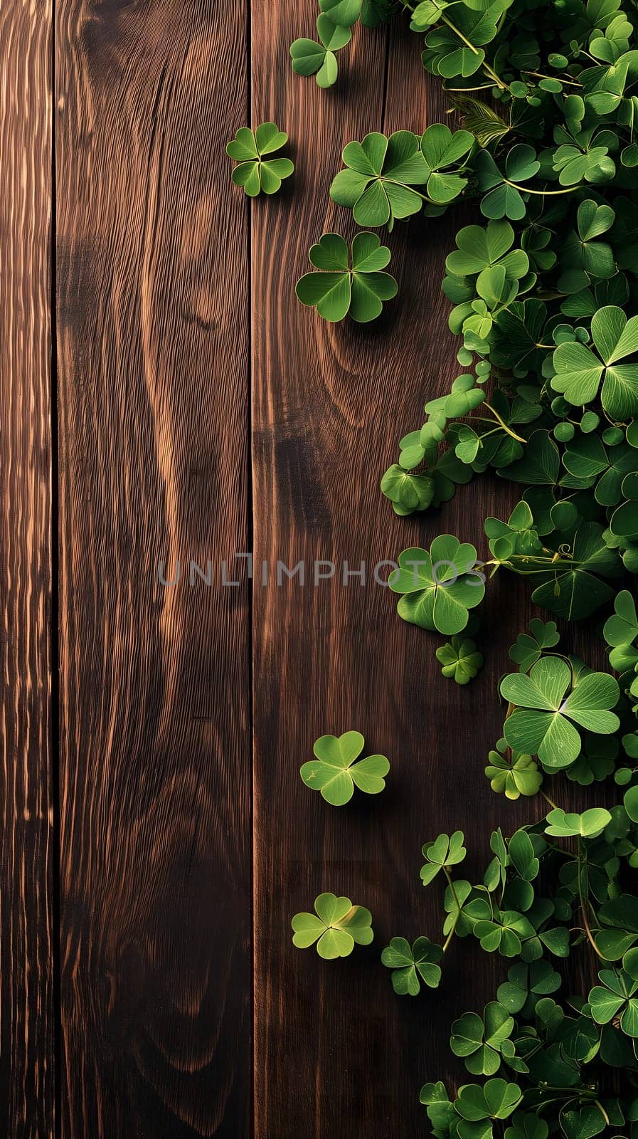 brown wooden planks board with clover - background for St. Patricks day. Neural network generated image. Not based on any actual scene or pattern.