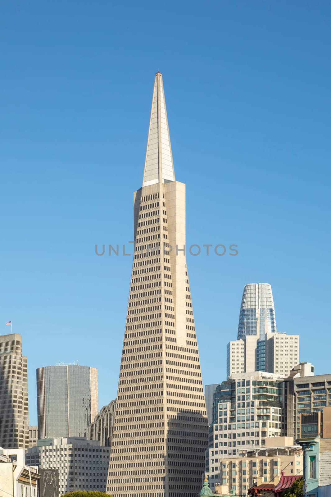 San Francisco, USA - May 18, 2022: Transamerica building in San Francisco under clear blue sky