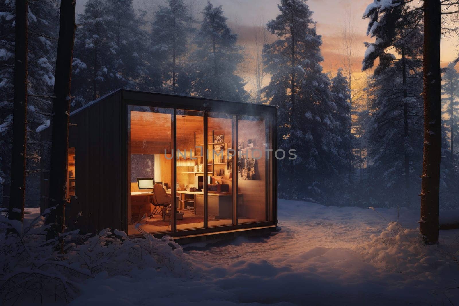 Self-sustainable intelligent house. Autonomous cabin. Futuristic architecture. Nomadic lifestyle. Solar powered building. Modern vacation. Energy efficient house. Remote work. Slow living. Man working remotely. Slow living