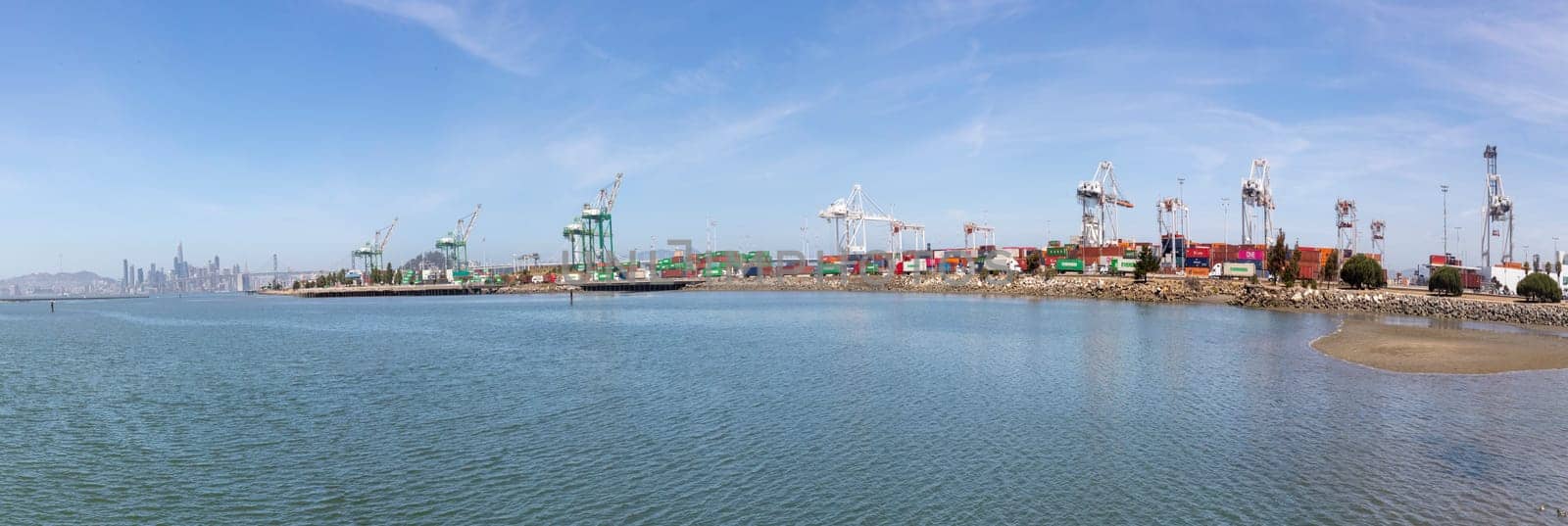 San Francisco, USA - May 18, 2022: panoramic view to harbor of Oakland, the harbor serving San Francisco with freight, USA.
