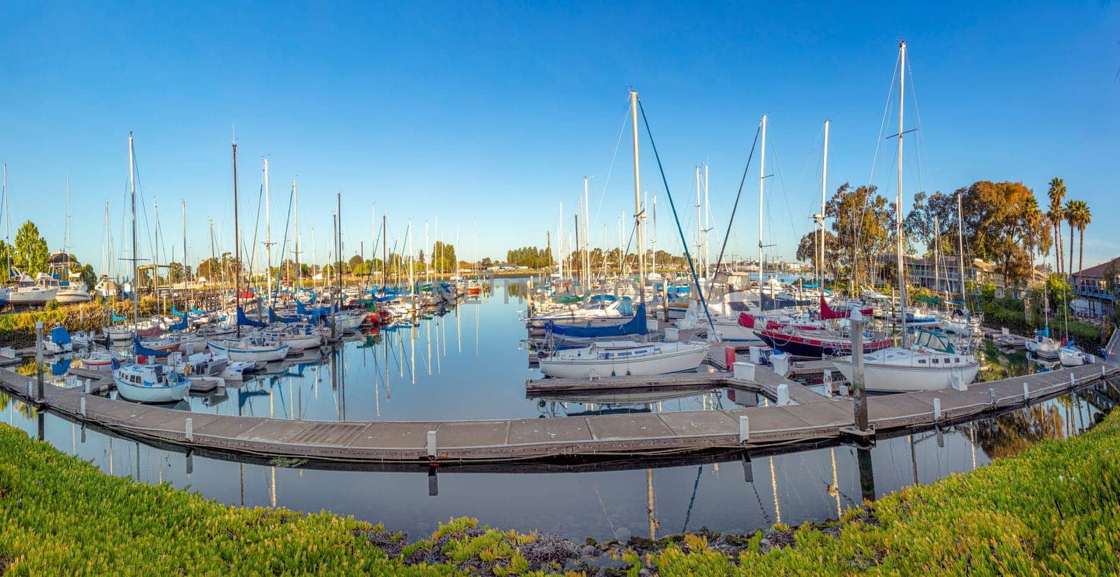 Oakland, USA - May 19, 2022: yachts and private boats anchor at the port of Oakland.