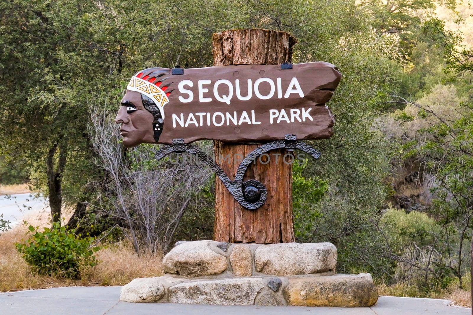 Sequoia tree national Park, USA - May 22, 2022: entrance logo of the sequoia tree national park. The wooden carving dates back to last century.