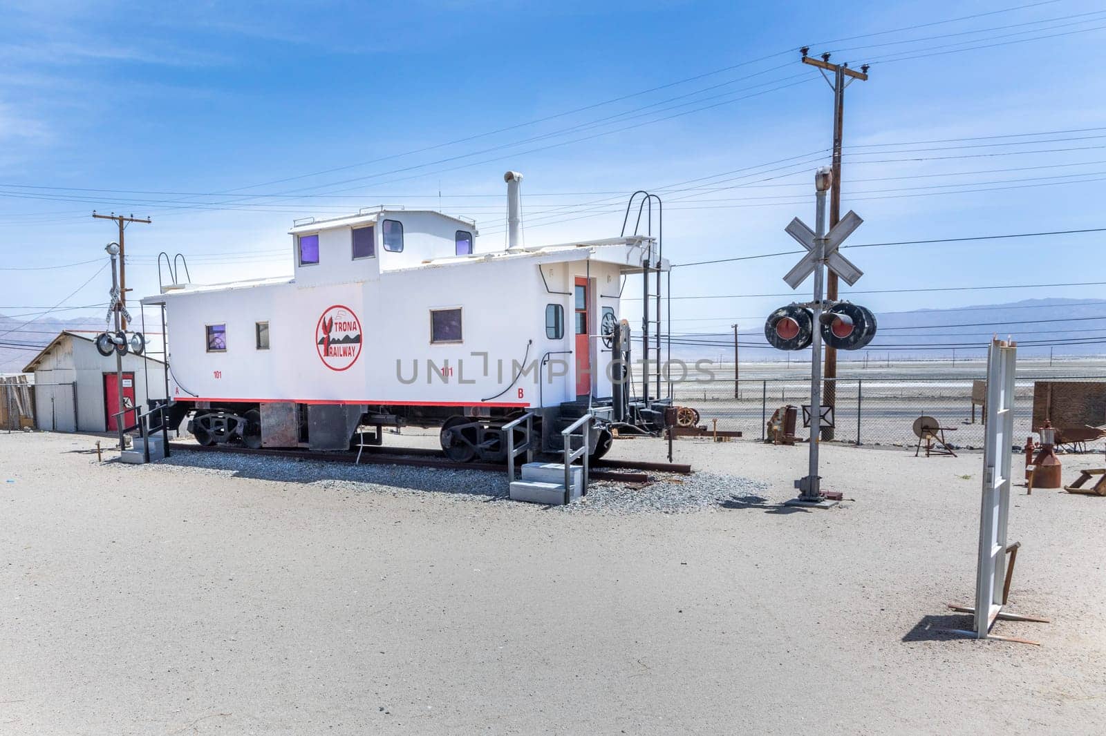 Trona, USA - May 22, 2022: old historic Trona railway wagon in the small museum of Trona.