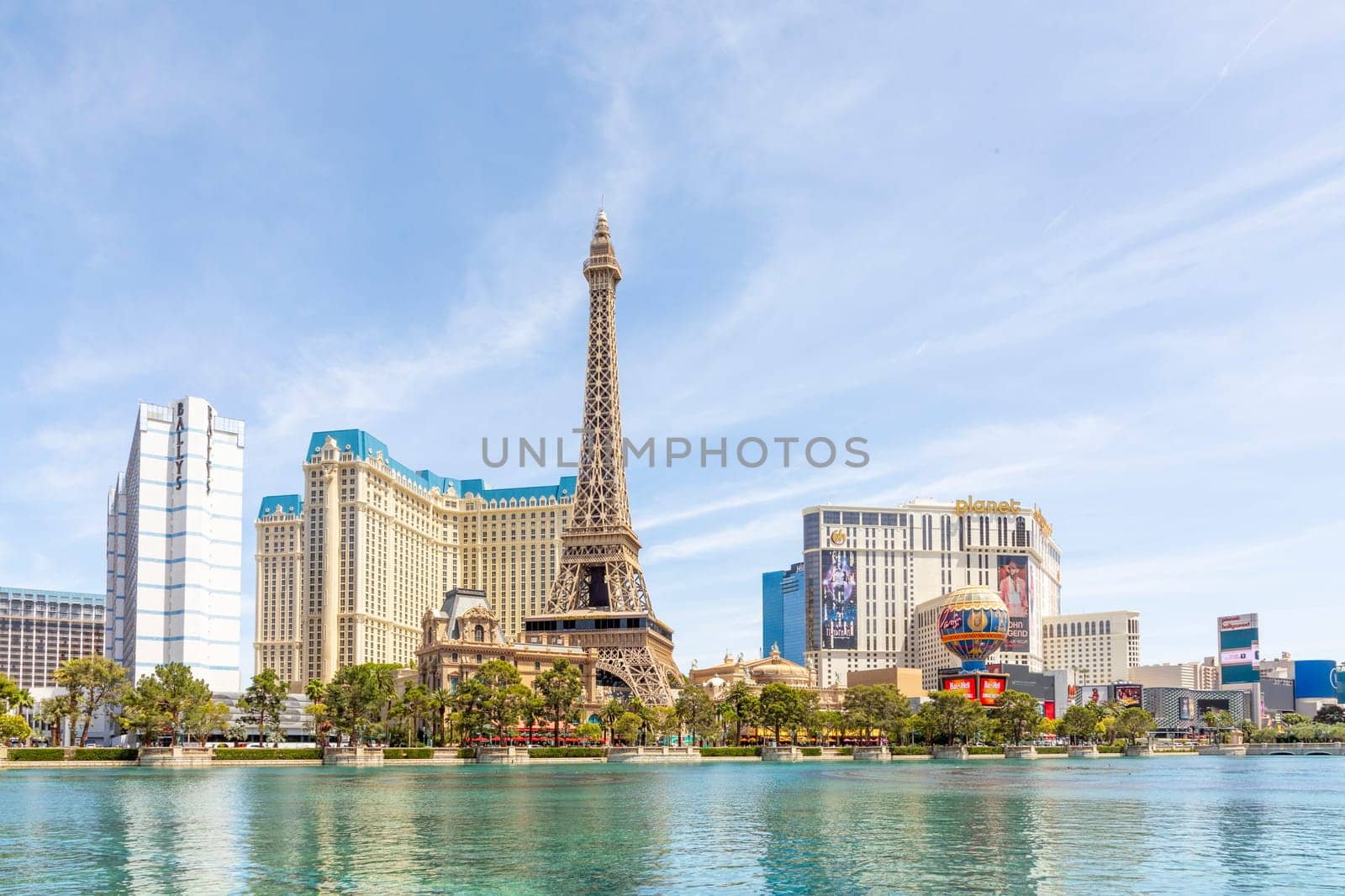Las Vegas, USA - May 23, 2022: panorama view to the famous hotels and casinos at the strip like Eiffel tower,planet Hollywood, Bellagio, Ballys on daytime.