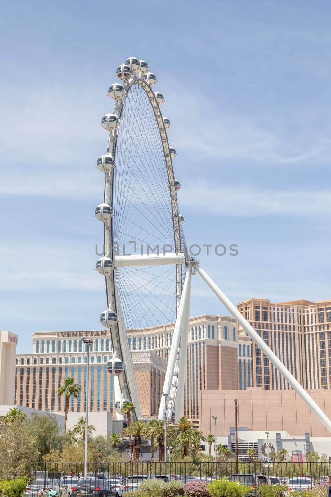 Las Vegas, USA - May 23, 2022: view to high roller ferries wheel in Las Vegas. It is the worlds largest observation wheel.