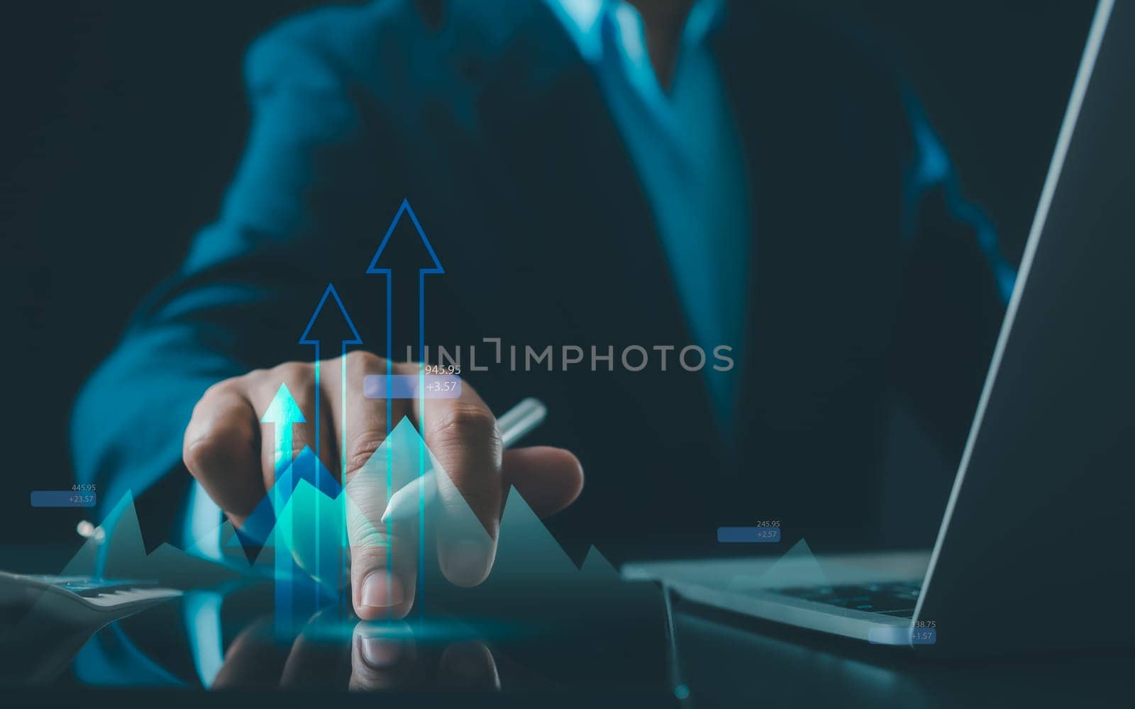 Stock market, Business growth, progress or success concept. Businessman or trader is showing a growing virtual hologram stock, invest in trading.