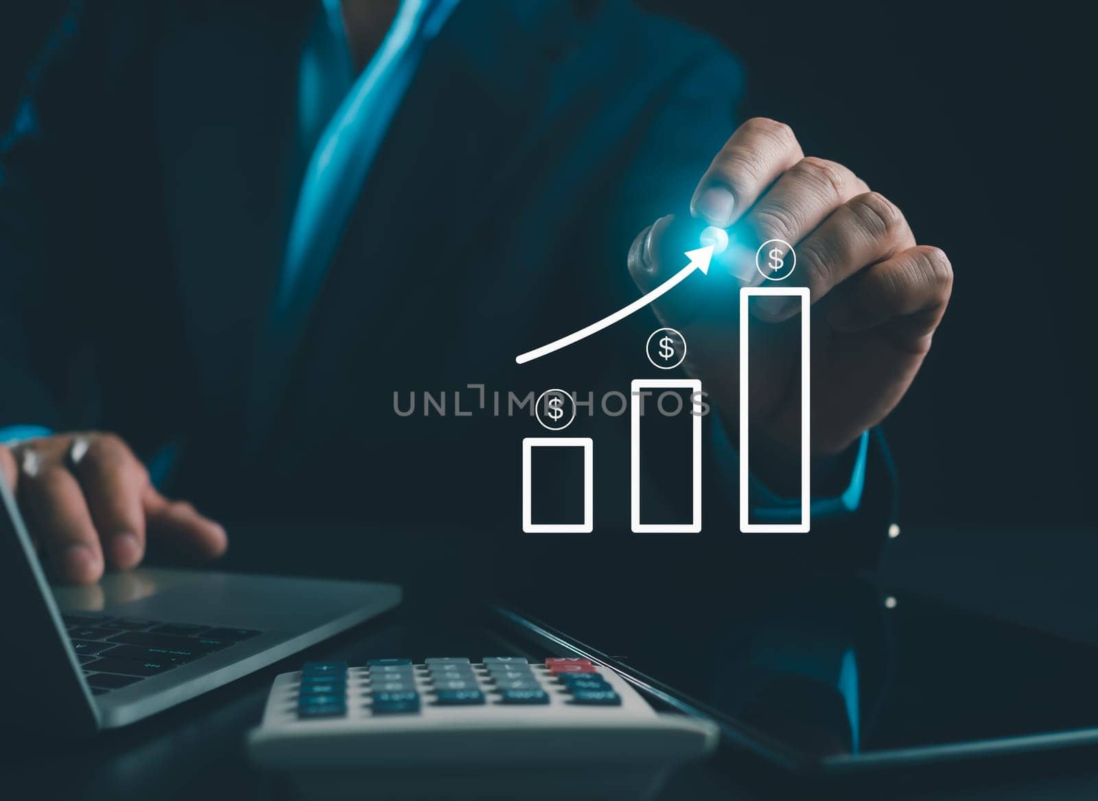 Stock market, Business growth, progress or success concept. Businessman or trader is showing a growing virtual hologram stock, invest in trading.