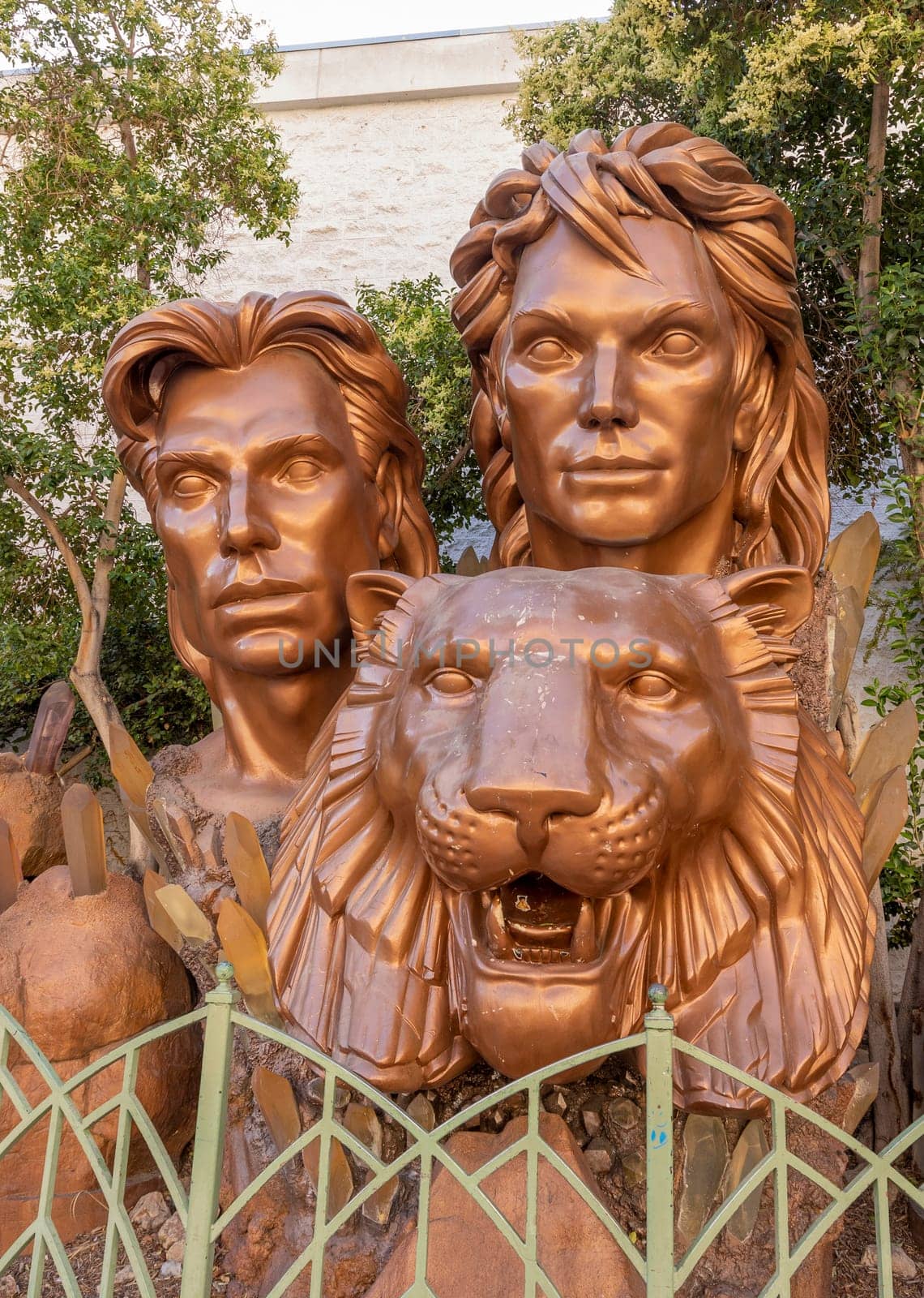 Las Vegas, USA - May 23, 2022: the Siegfried and Roy statue at the The Mirage Casino, Las Vegas Strip, Nevada.
