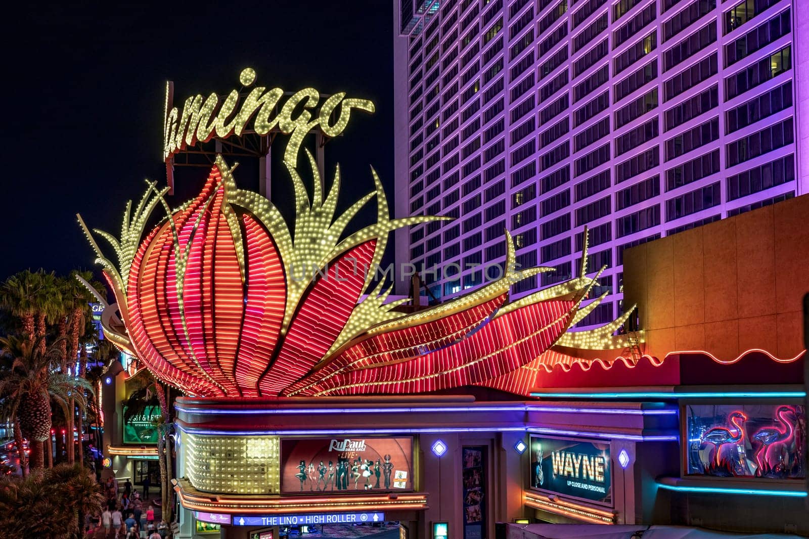 Las Vegas, USA - May 23, 2022: the famous Flamingo Hotel at night in LAS VEGAS, USA. Bugsy Siegel opened the Flamingo in 1946 as the third casino in Las Vegas.