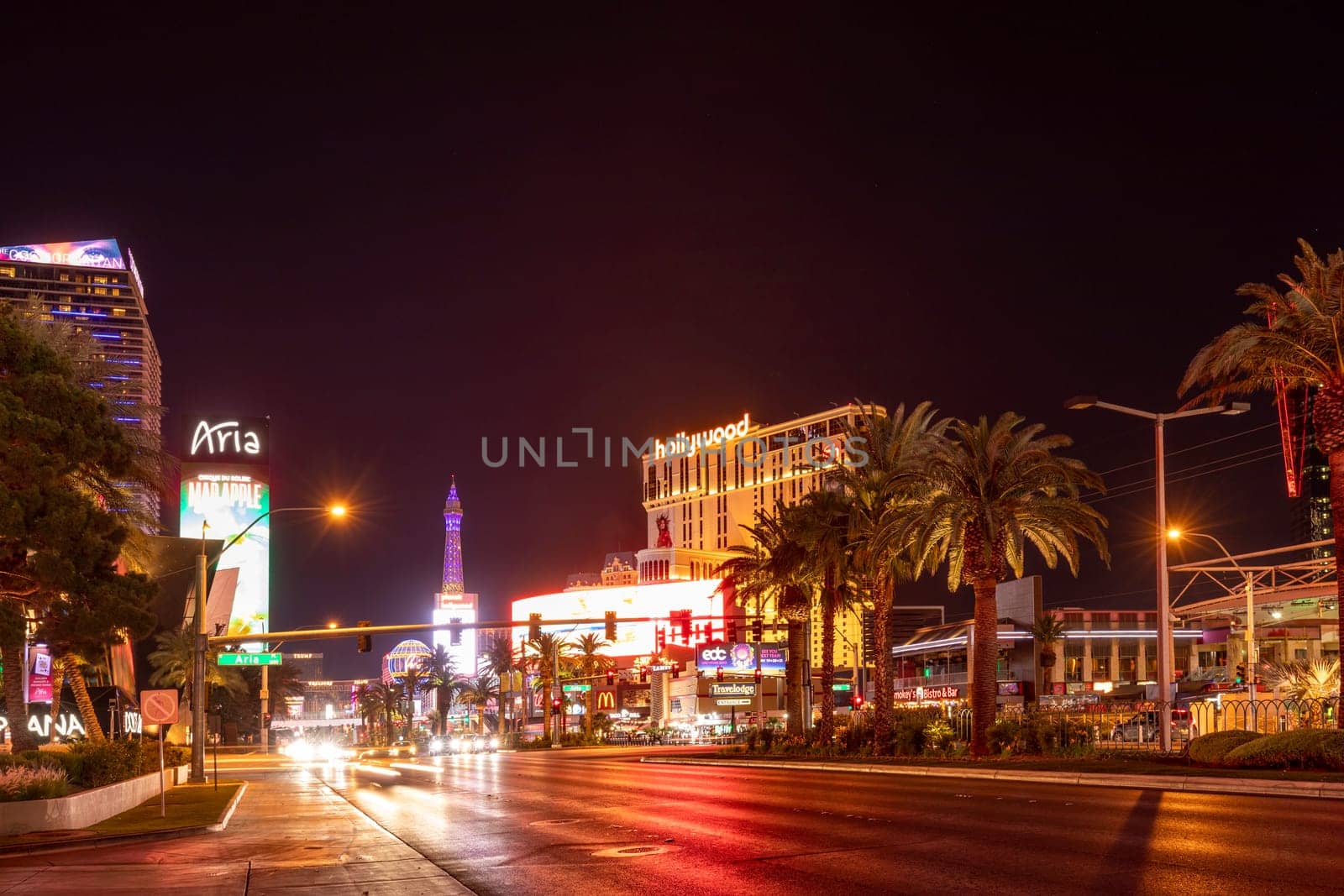 Las Vegas, USA - May 23, 2022: cars by night at the Las Vegas Strip in Las Vegas.