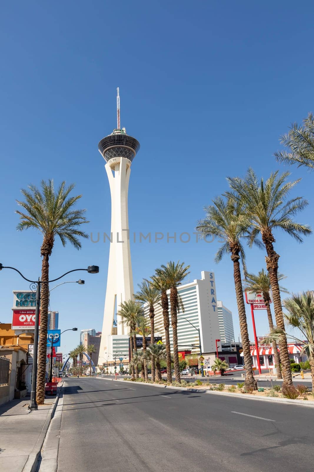 Las Vegas, USA - May 24, 2022: view to Stratosphere tower and hotel in Las Vegas.
