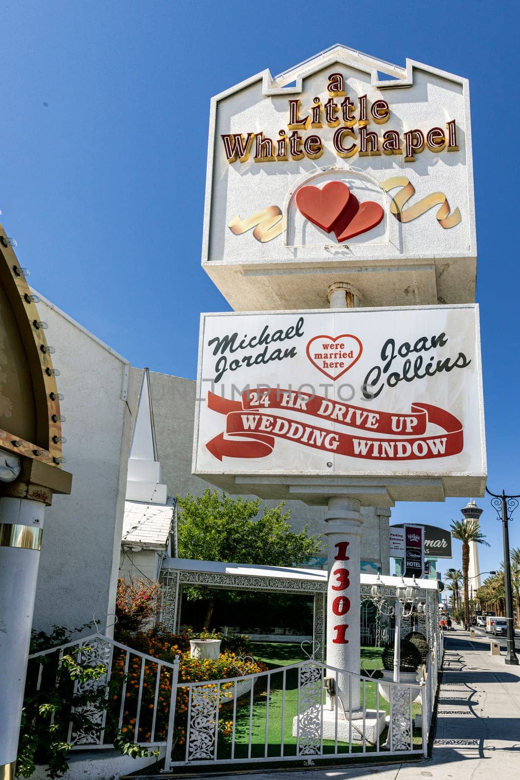 Las Vegas, USA - May 24, 2022:    Little White Wedding Chapel in Las Vegas, USA. Michael Jordan and Joan Collins married in that chapel.