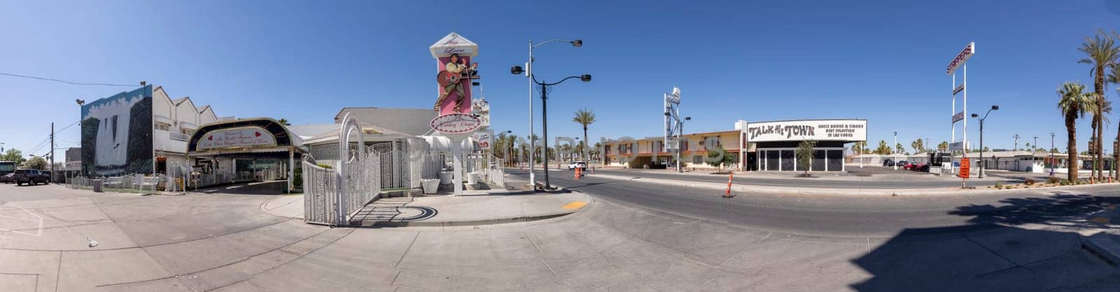 Las Vegas, USA - May 24, 2022: sign wedding chapel with picture of Elvis Presley and the little white chapel in background for fast marriages.