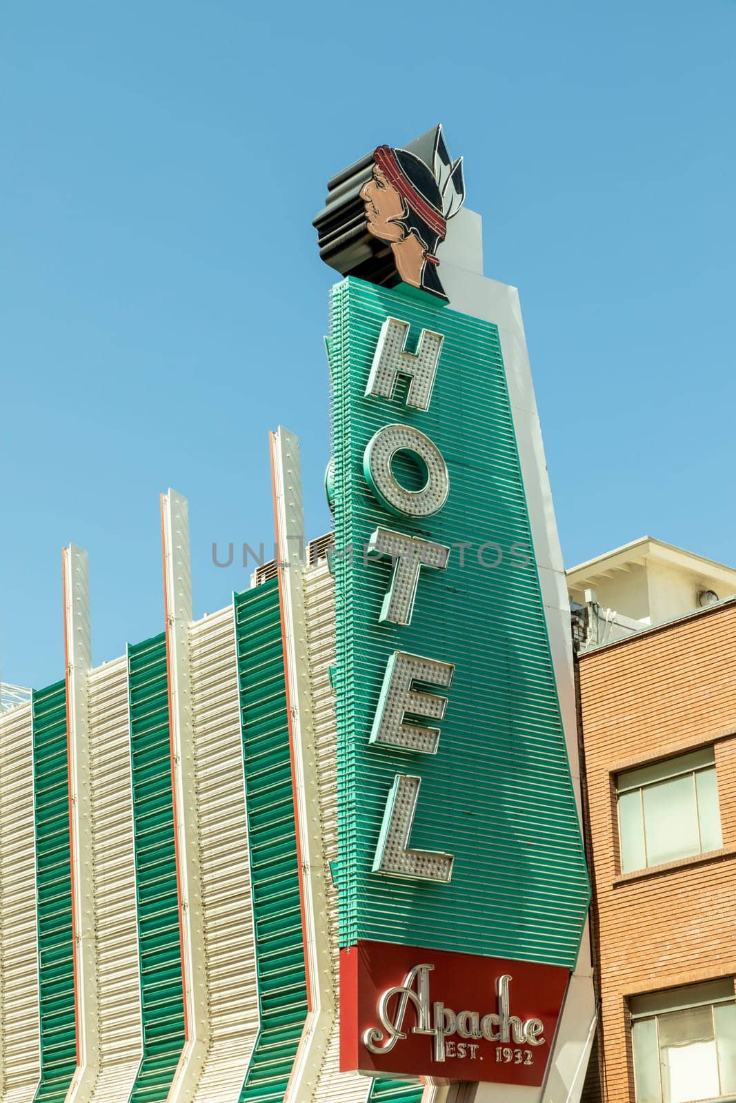 Las Vegas, USA - May 24, 2022: neon sign at hotel Apache in the old original part of Las Vegas. The hotel was established in 1932.