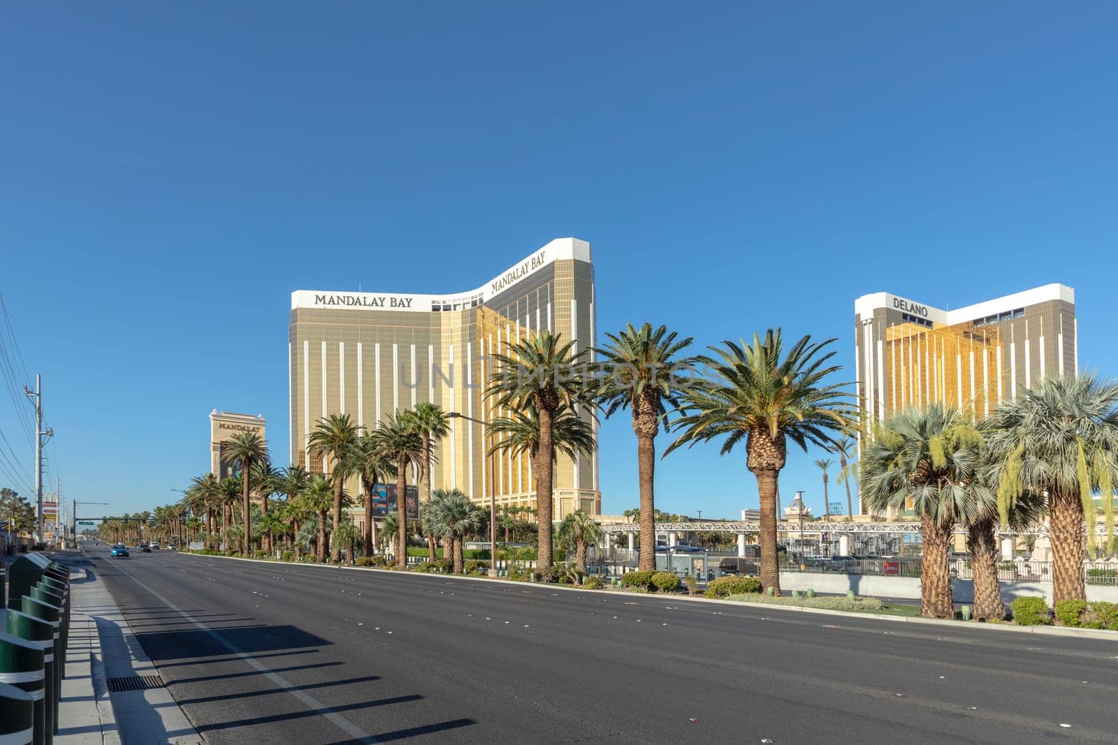 Las Vegas, USA - May 25, 2022: view to Mandalay and Delano casino and hotel at the end of the Las Vegas Strip in Paradise, Nevada, USA.