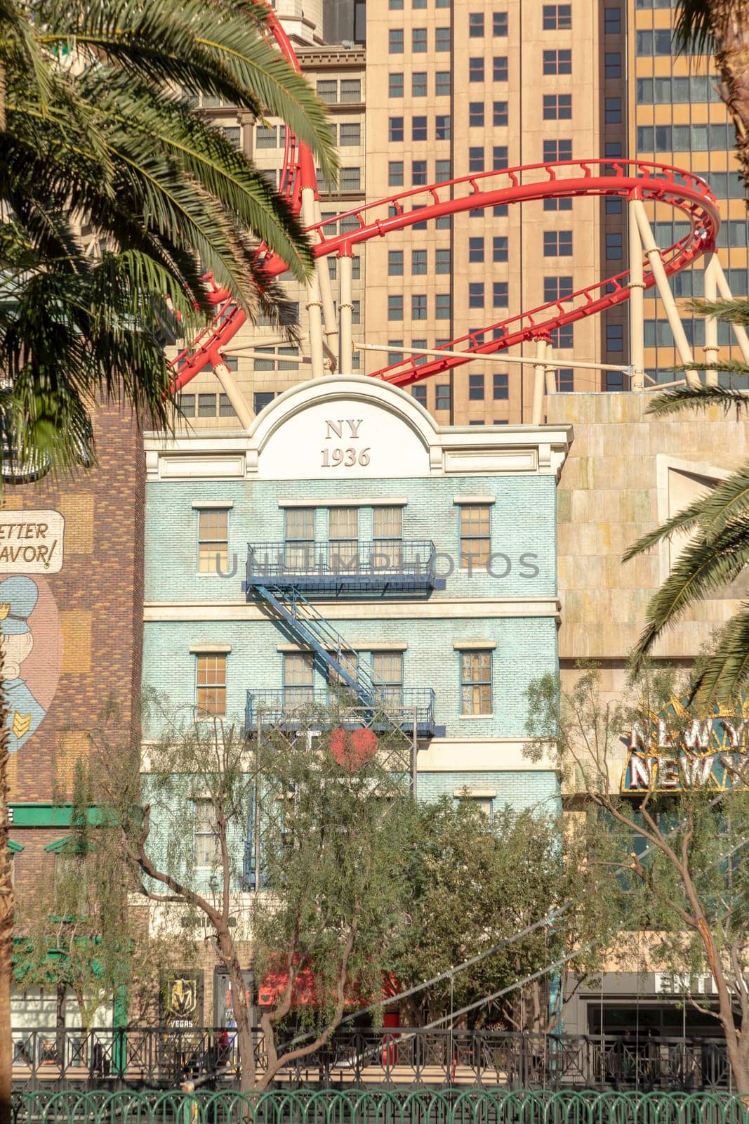 Las Vegas, USA - May 25, 2022: roller coaster at New York-New York Hotel and Casino land irish pub ocated on Las Vegas Boulevard South, in Paradise, Nevada.