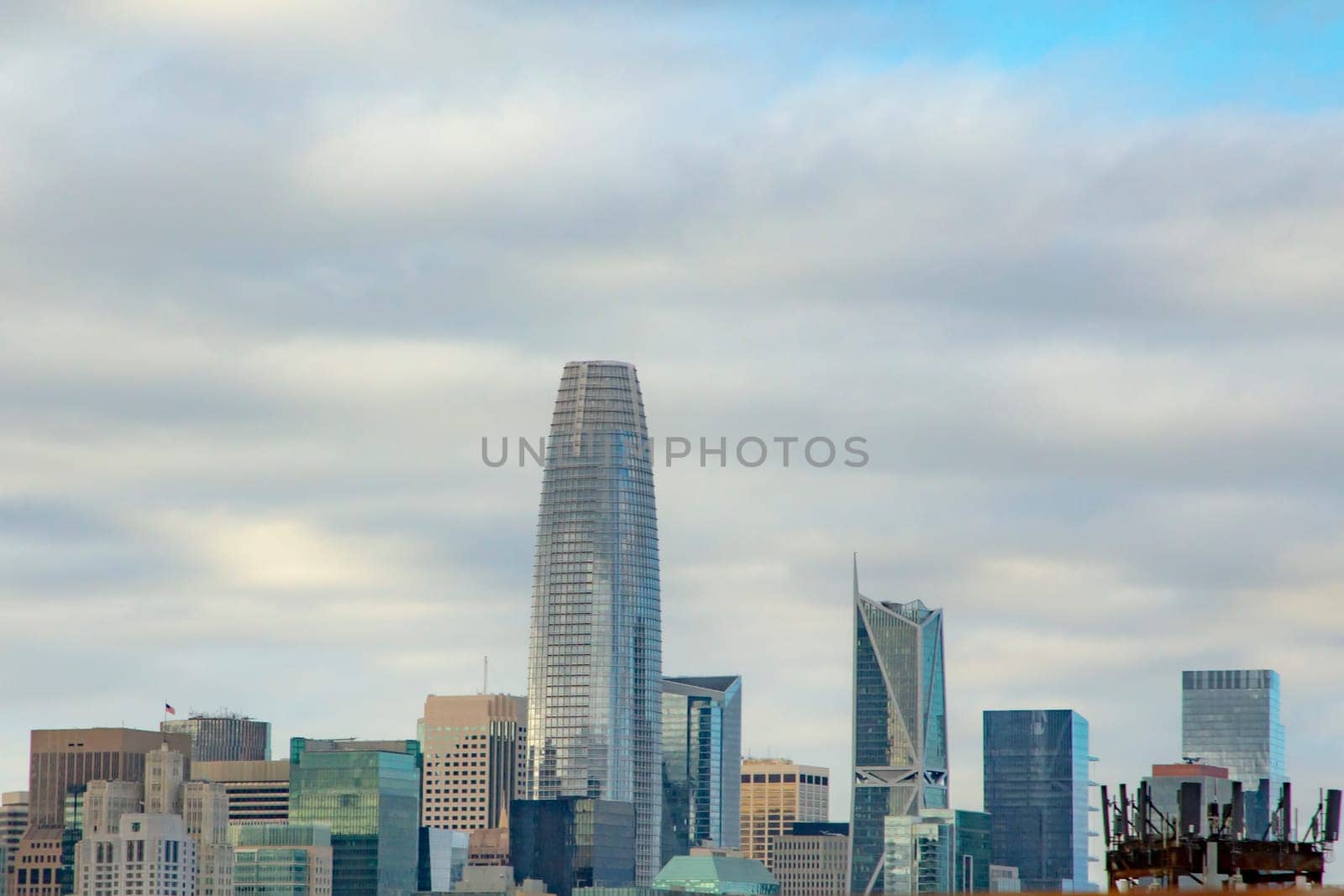 San Francisco, USA - June 5, 2022:  skyline of San Francisco with modern skyscraper and cloudy sky.