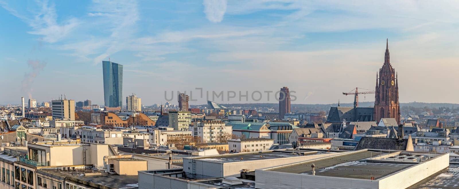 Frankfurt, Germany - December 13, 2022: scenic view to the city of Frankfurt with its skyscraper. Frankfurt is the financial center in Germany.