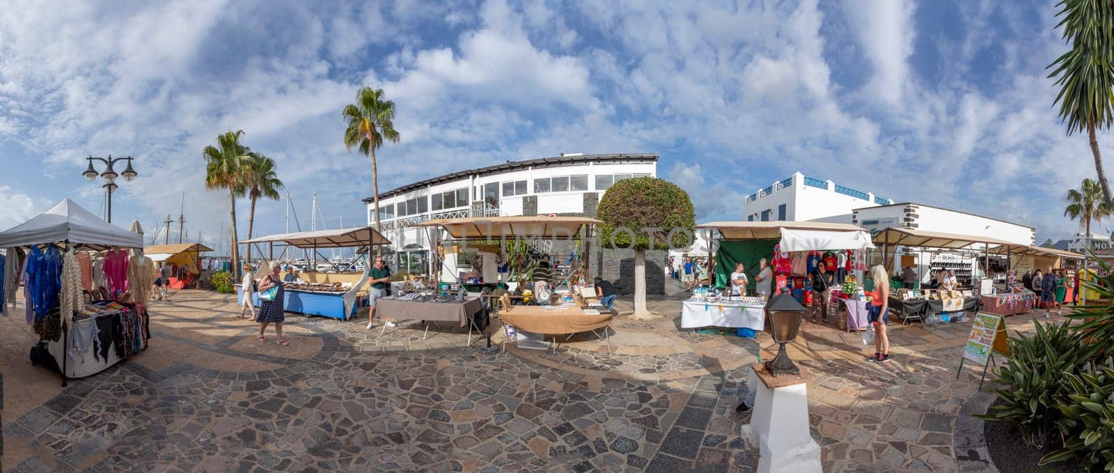 Playa Blanca - February 6, 2023: Saturday morning market in the Marina Rubicon area in Playa Blanca for tourists.