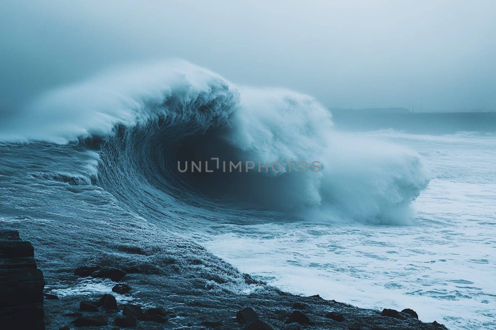 A huge wave crashing against coastal rocks in bad weather.