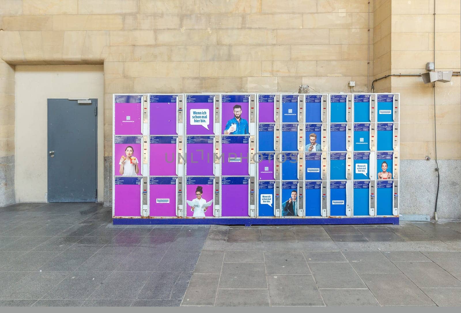 Wiesbaden, Germany - April 4, 2023:  closed lockers at the train Station in Wiesbaden.