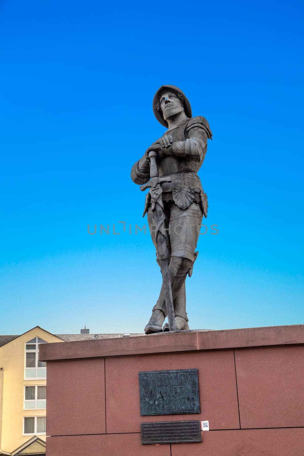 statue of knight Hartmut in Kronberg Taunus in his metal knight armor.