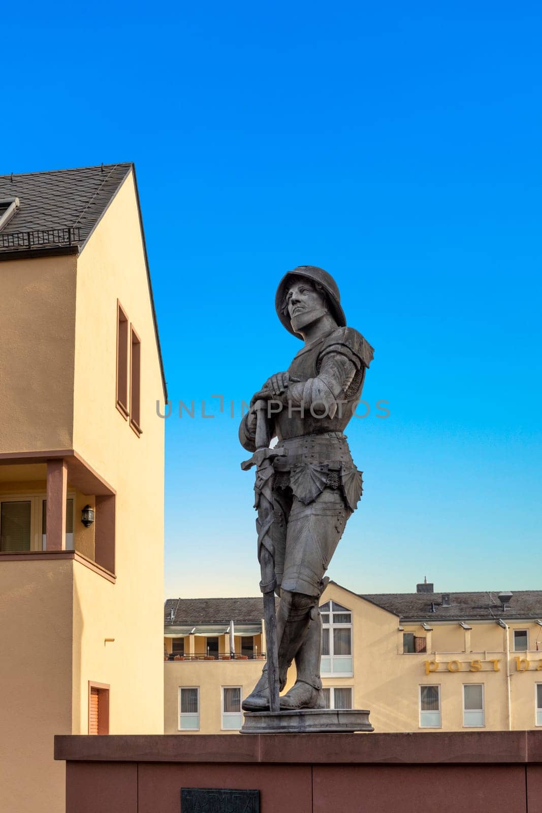 Kronberg, Germany - February 22, 2023: statue of knight Hartmut in Kronberg Taunus in his metal knight armor.