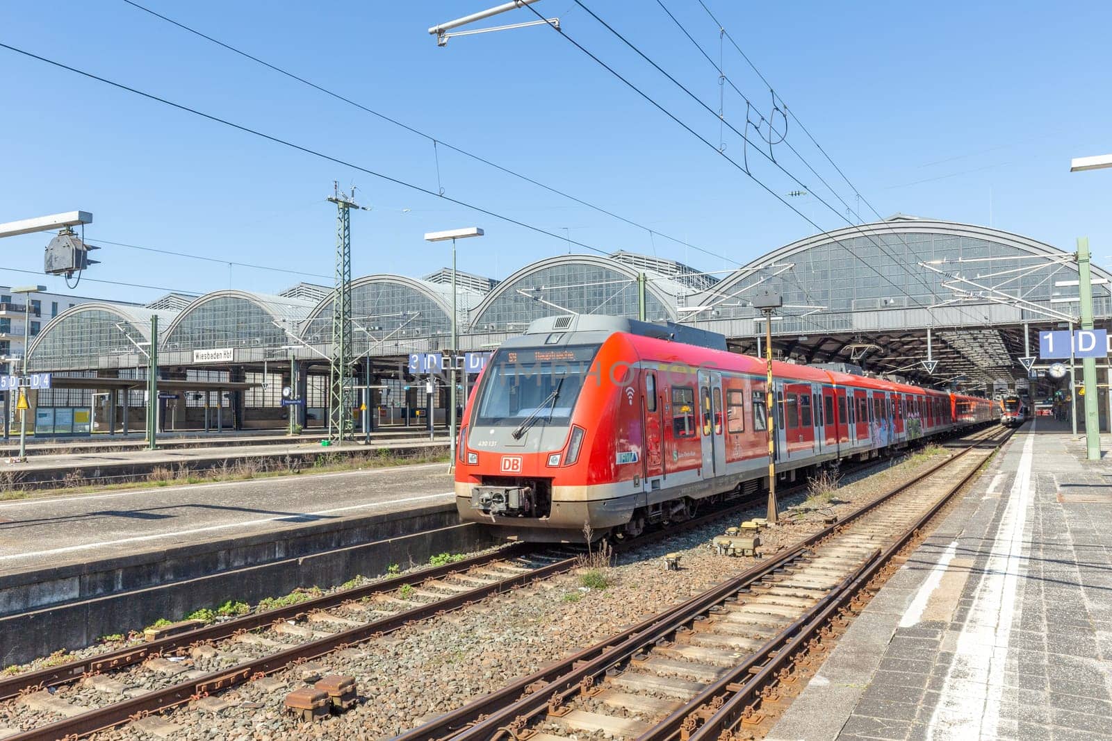 Wiesbaden, Germany - April 4, 2023:  the train leaves the main station in Wiesbaden, Germany.