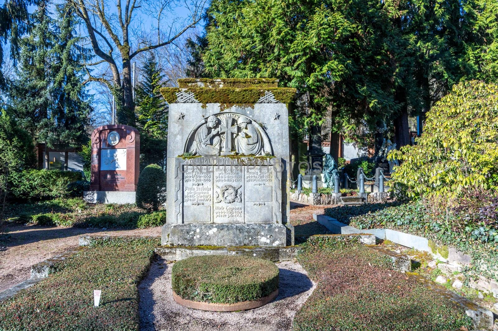 Wiesbaden, Germany - February 27, 2023: portal of North cemetery in Wiesbaden, Germany with historic gravestone of family Hagendorn and Fusbahn.