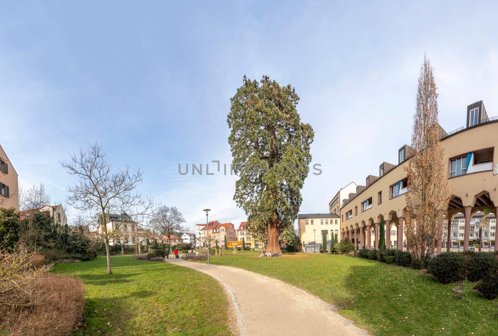 Kronberg, Germany - February 22, 2023: view at old School park in Kronberg sponsored by Queen Victoria with historic buildings at skyline.