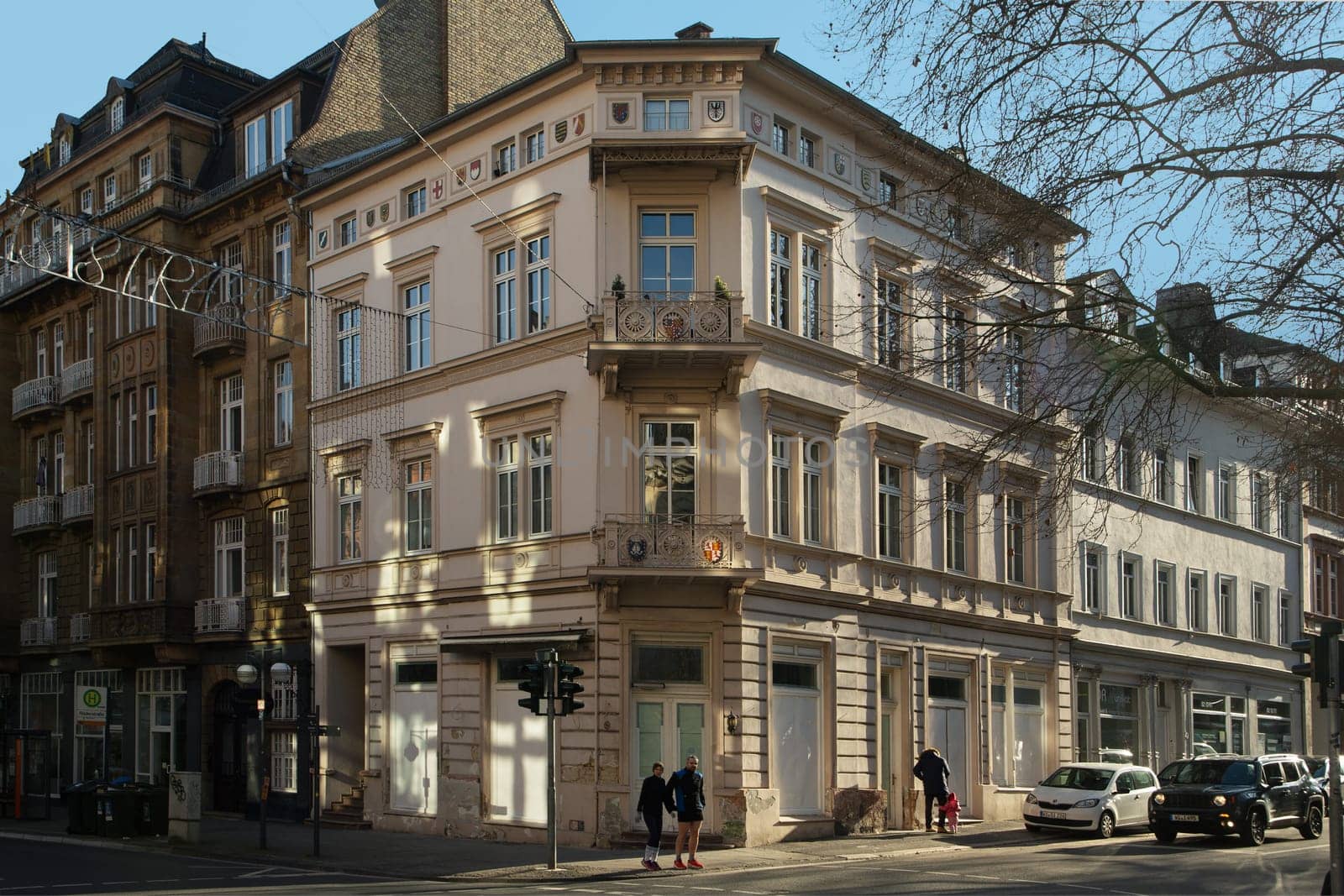 Wiesbaden, Germany - February 28, 2023: old historic facade at the corner Taunusstrasse, Roeder Weg in Wiesbaden in beautiful light.