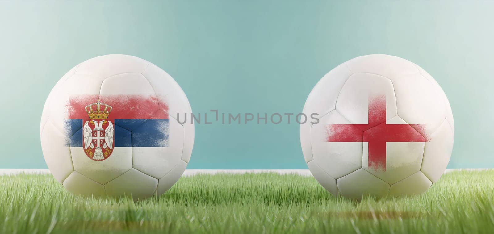 Serbia vs England football match infographic template for Euro 2024 matchday scoreline announcement. Two soccer balls with country flags placed against each other on the green grass with copy space