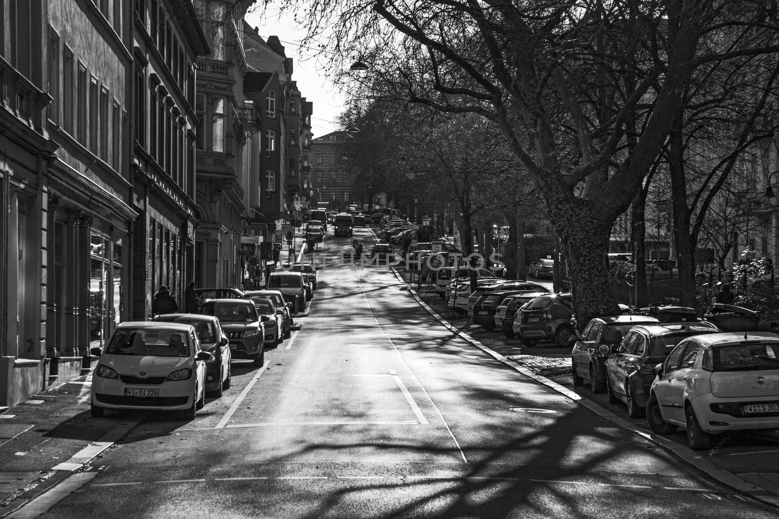 Wiesbaden, Germany - February 28, 2023: old historic facade at the corner Taunusstrasse, Roeder Weg in Wiesbaden in beautiful light.