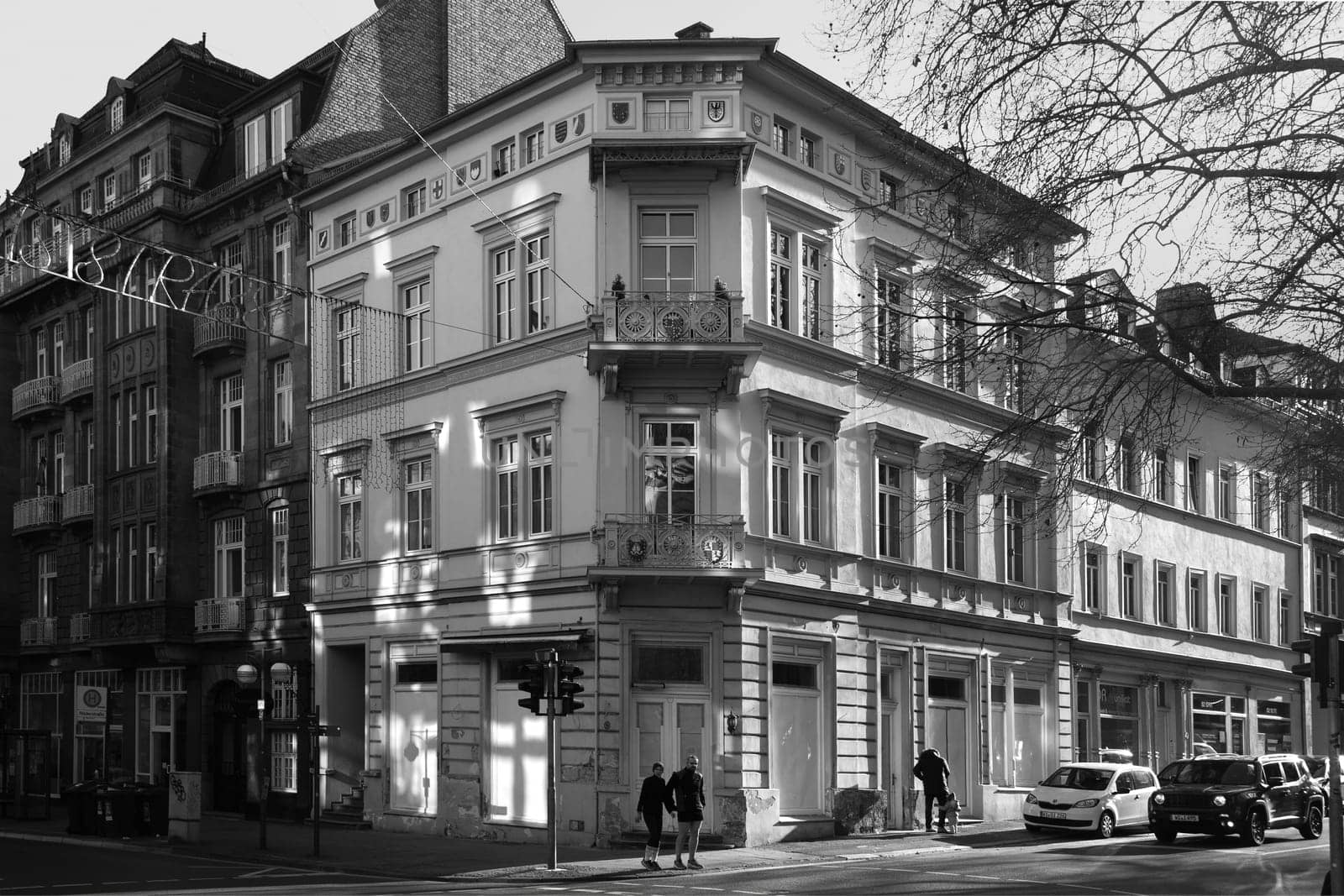 Wiesbaden, Germany - February 28, 2023: old historic facade at the corner Taunusstrasse, Roeder Weg in Wiesbaden in beautiful light.