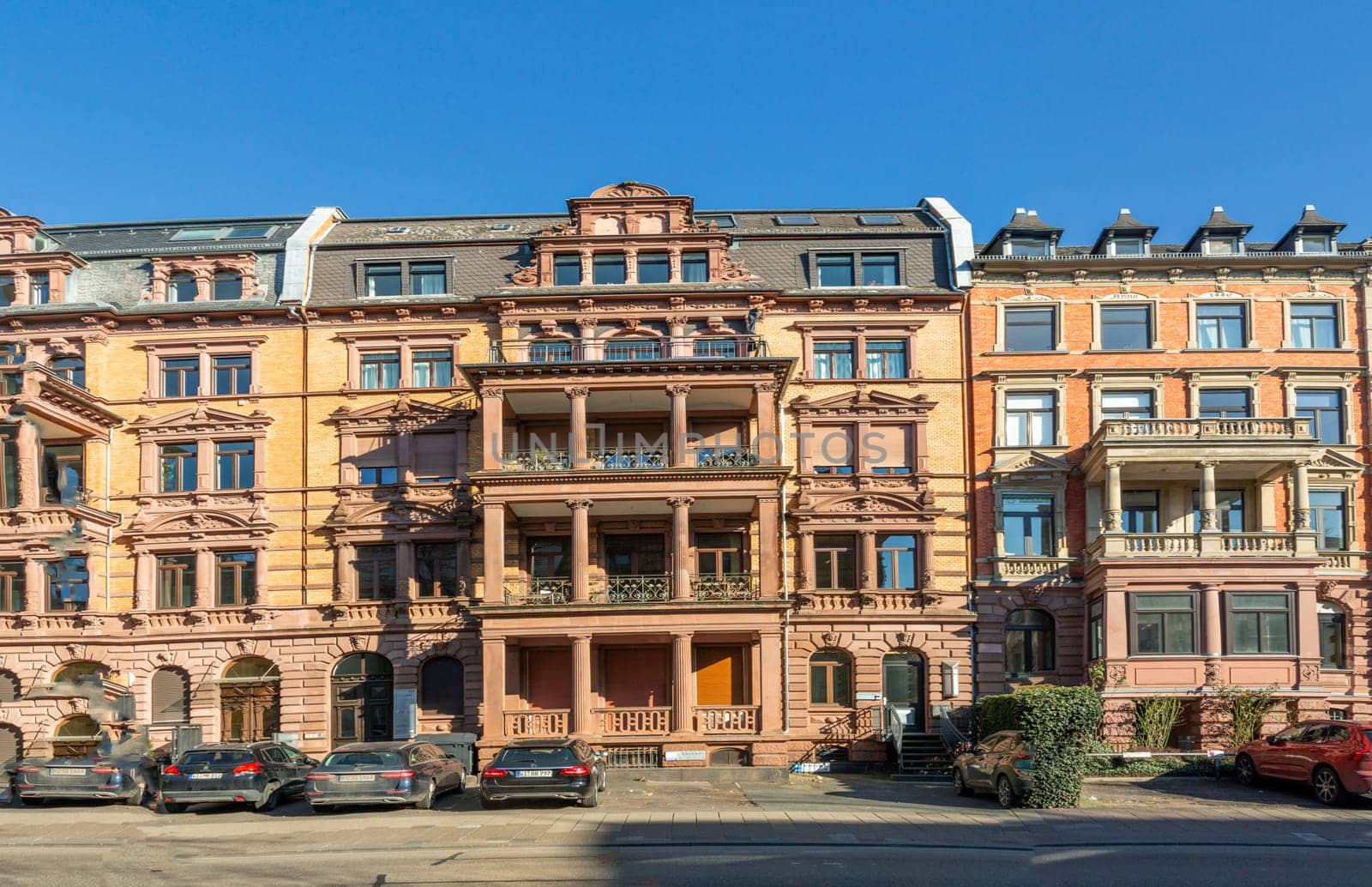 Wiesbaden, Germany - March 1, 2023: old historic facade of 19th century houses at the Wilhelm street in Wiesbaden.