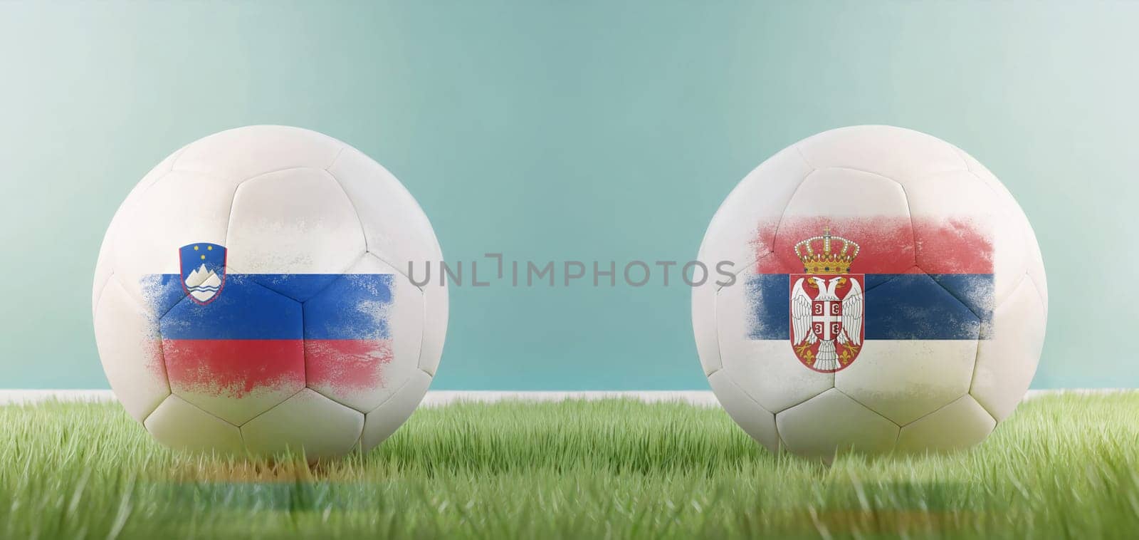 Slovenia vs Serbia football match infographic template for Euro 2024 matchday scoreline announcement. Two soccer balls with country flags placed against each other on the green grass with copy space